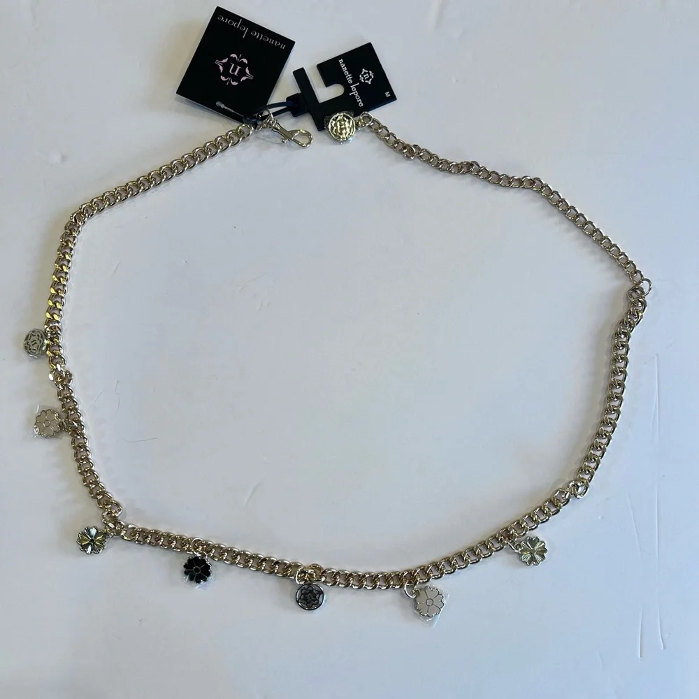 Nanette Lepore Gold tone Black Cream  Flower Charm Chain Belt NWT